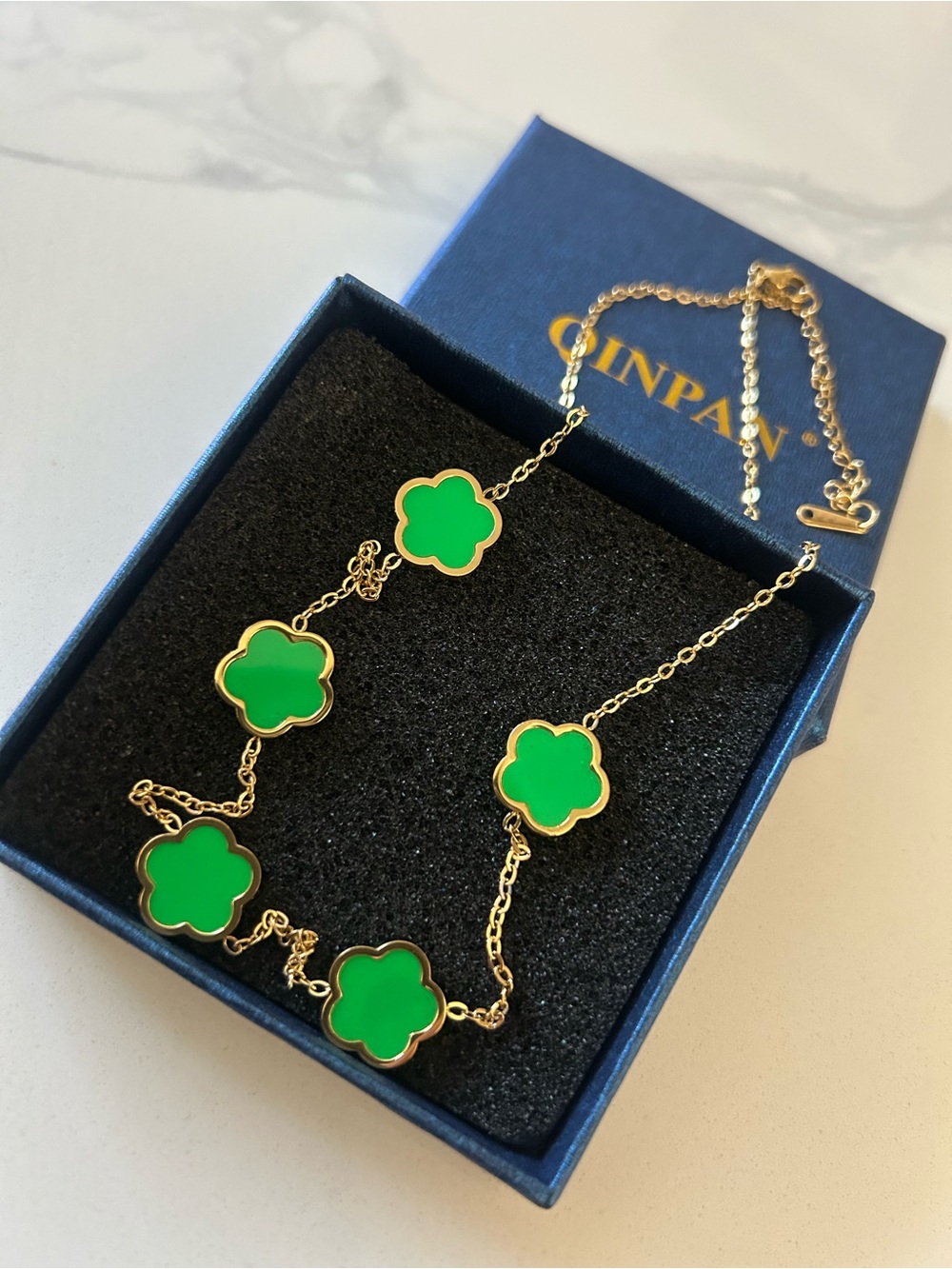Gold-Tone Necklace with Green Clover Charms